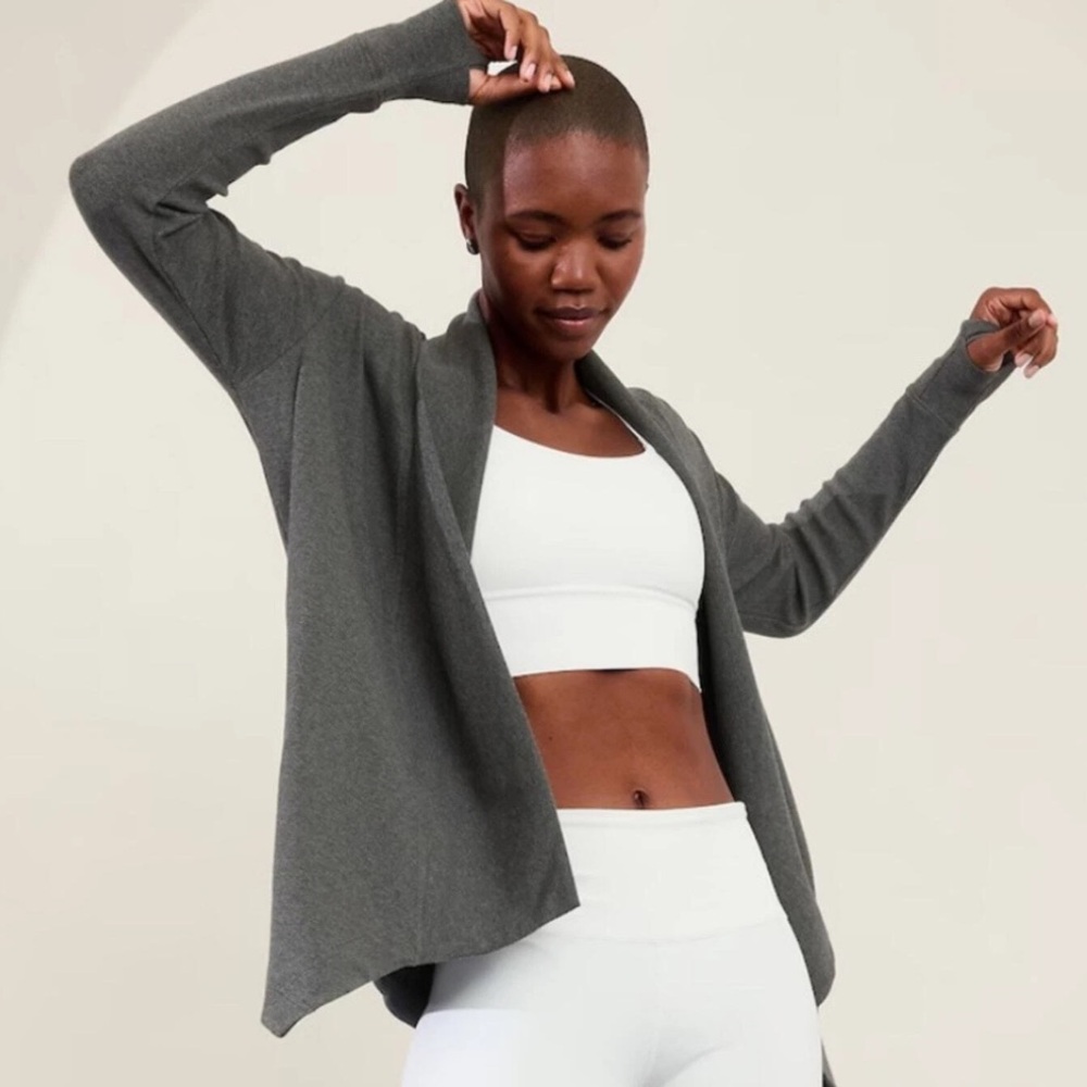 Athleta Pranayama Restore Rib Wrap Cardigan Sweater, Charcoal Gray, Size Large